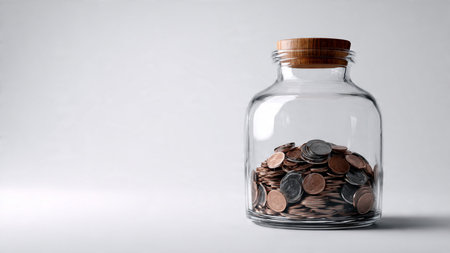 Organized financial flat lay with a clear jar on its side and coins flowing in a radial shape, commercial-safe.の写真素材