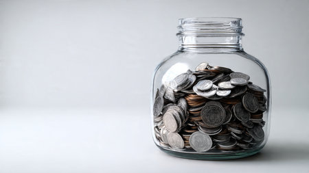Clean economic concept showing a jar filled with coins, symbolizing savings and financial planning.