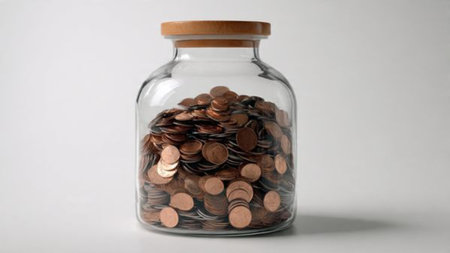 High-key financial scene featuring a tipped jar releasing coins in a gentle curve, commercial-safe.
