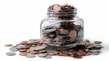 Professional money-saving flat lay with scattered coins and a transparent jar casting soft shadows,...