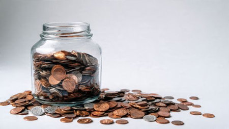 Simple modern financial shot with a jar positioned behind a set of stacked coins, commercial-safe.