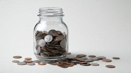 Budgeting flat lay with a glass jar placed near neatly sorted coins, all displayed on a pristine...
