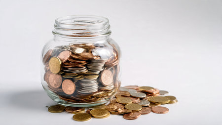 Minimal growth concept featuring a clear jar illuminated gently with coins positioned evenly in...