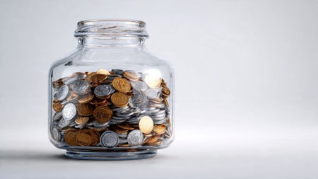 Bright financial planning scene with coins forming a soft pattern near a pristine glass jar,...