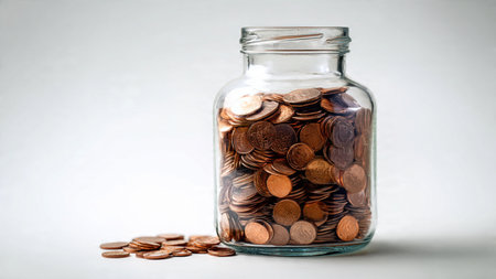Modern savings perspective showing a tipped jar and coins forming a fan shape, commercial-safe.