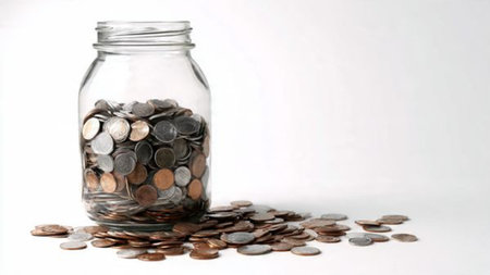 Modern wealth aesthetic showing a tipped jar forming a subtle coin trail, commercial-safe.