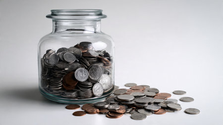 Soft studio scene with a tipped jar and a minimal cluster of coins arranged calmly, commercial-safe.の写真素材