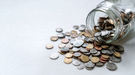 Clean minimalist arrangement with coins arranged in a curved line near a transparent jar.