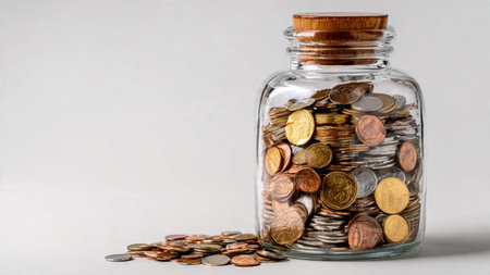 Modern savings concept with a close-up of an empty jar and organized coins illuminated with soft...