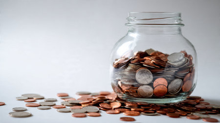 Minimalist investment layout showcasing coins arranged in rows near a clear jar, commercial-safe.