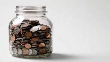 Minimal budgeting layout showing a transparent jar and a simple curved arrangement of coins.