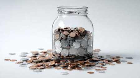 Soft minimalism featuring a jar on its side with coins spilling gently across a bright surface,...