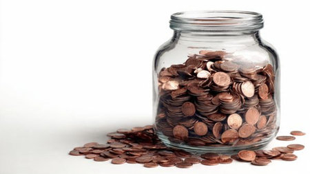 Light and bright savings concept with a tipped jar and coins rolling outward in an airy pattern,...