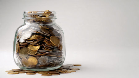 Elegant studio-lit saving theme featuring a glass jar and several coins placed symmetrically on...