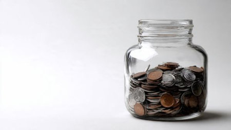 Soft-light savings concept featuring a jar and coins forming a triangular layout, commercial-safe.の写真素材