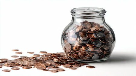 Clear jar representing savings placed near coins stacking upward symbolizing progression,...