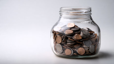 Wealth-building illustration of a jar and coins arranged with smooth shadows, commercial-safe.