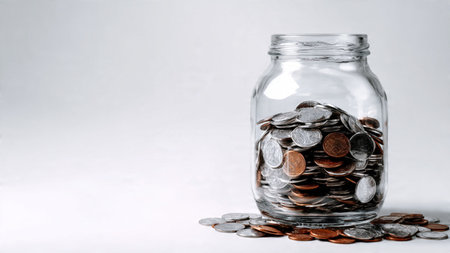 Elegant savings style with a jar tipped and coins placed in soft gradients across the white background, commercial-safe.の写真素材