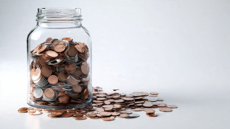 Modern financial arrangement with a tipped jar releasing coins in a diagonal pattern, commercial-safe.の写真素材