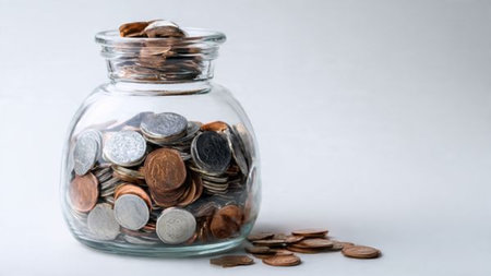 Bright and minimal savings theme featuring a polished glass jar surrounded by evenly spaced coins,...