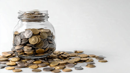 Minimal savings layout with a tipped jar and coins arranged in a clean gradient pattern,...