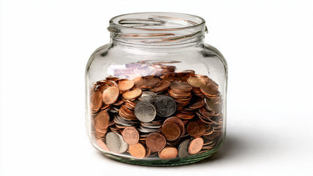 Soft-lit savings iconography with a clear jar slightly tilted and coins forming a light cluster.