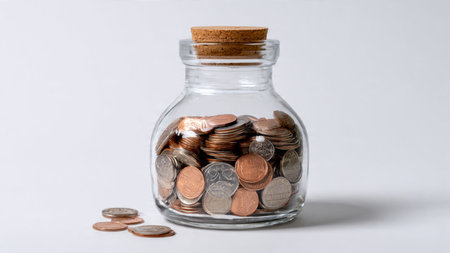 Tidy financial composition featuring a jar half-full with coins standing on a matte white tabletop,...