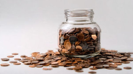 Clean modern savings setup featuring organized coin rows near a jar standing upright,...
