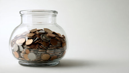 Minimal wealth concept highlighting a clear jar and coins aligned neatly across a pure white...