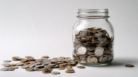 Clean financial flat lay with scattered coins surrounding a transparent empty jar, commercial-safe.