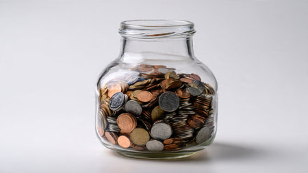 Modern investment concept showing a row of stacked coins aligned beside a transparent jar.の写真素材