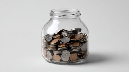Bright clean savings concept with an empty jar beside coins forming a crescent shape.