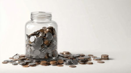 Minimalist curated scene showing a transparent jar with several polished coins placed purposefully,...