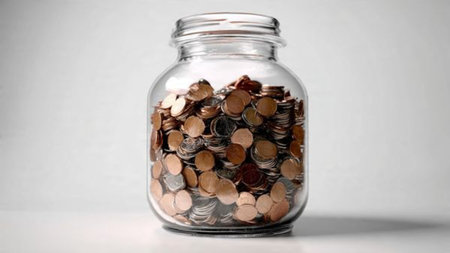 Elegant savings composition featuring an empty glass jar centered behind a smooth arc of coins.