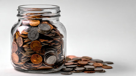 High-key investment theme with a tipped jar spilling coins diagonally across the frame,...