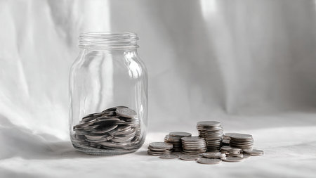 Professional minimal illustration of a jar tipped sideways with a clean stream of coins,...