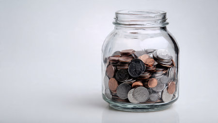 Neatly staged finance-themed image with a jar placed behind stacked coins forming a small triangle.
