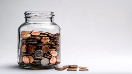 Simple saving idea with several polished coins placed precisely next to a clean empty jar.