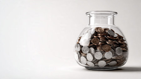 Fresh saving concept featuring a jar filled lightly with coins and surrounded by subtle shadows,...