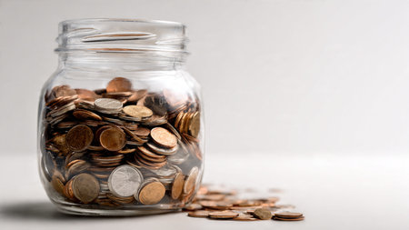 Minimalist financial setup featuring a tilted glass jar with a gentle scatter of coins on a bright...