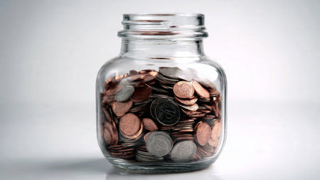 Minimalist savings illustration with a tilted jar gently releasing coins across a pristine surface,...
