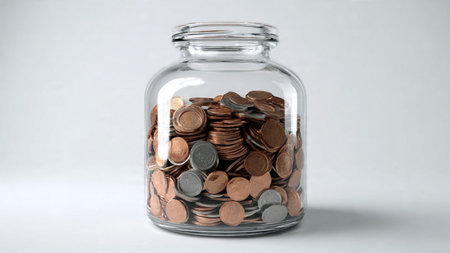 Soft-lit financial theme with a transparent jar placed beside a handful of scattered coins.