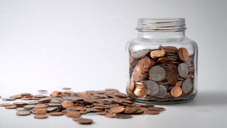 Modern budget visualization with a small glass jar containing mixed coins arranged symmetrically on...