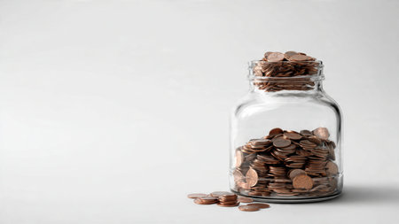 High-key finance scene with a clear jar positioned behind rows of shiny coins, commercial-safe.