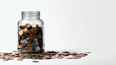 Clean budgeting concept with a transparent jar standing upright next to a neat pile of polished...