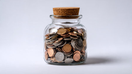 Soft-lit investment scene featuring a transparent jar tipped forward allowing coins to spill gently.