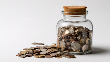 Simple financial growth scene with a half-full glass jar surrounded by scattered coins under soft...
