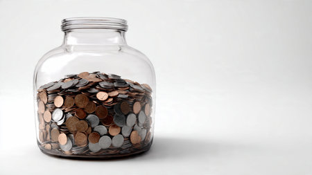 Minimalist investment display showing one polished coin in front of a clear jar.