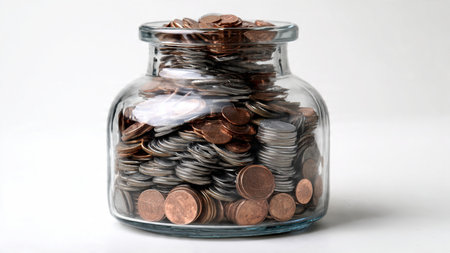 Elegant high-key scene with a tipped jar and coins scattered in a balanced spread, commercial-safe.