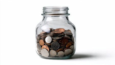 High-key budgeting illustration with scattered coins and a jar forming a balanced visual.